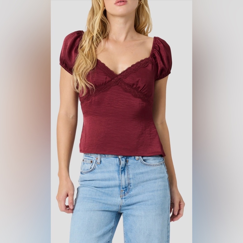 Lace-Trim Satin V-Neck Top in Burgundy